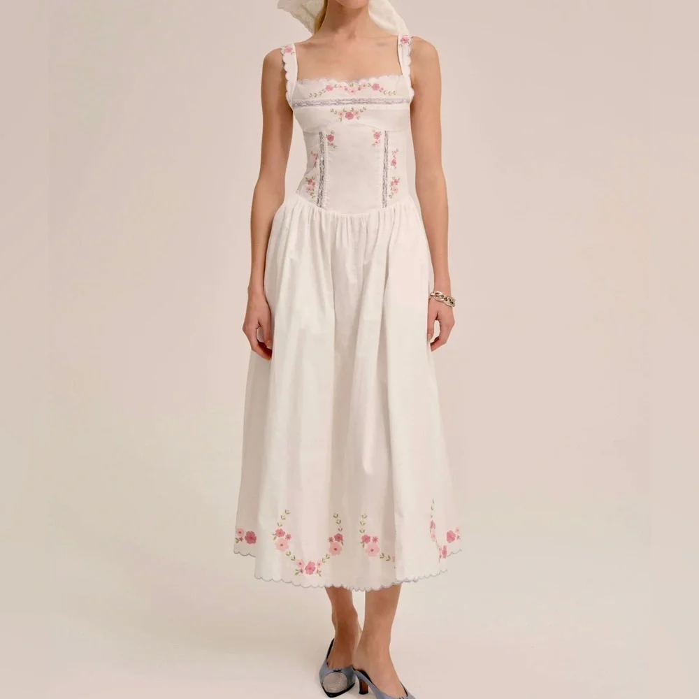 NWT_For Love Lemons Embroidered Tea Time Midi Dress in white size XS - Picture 3 of 11